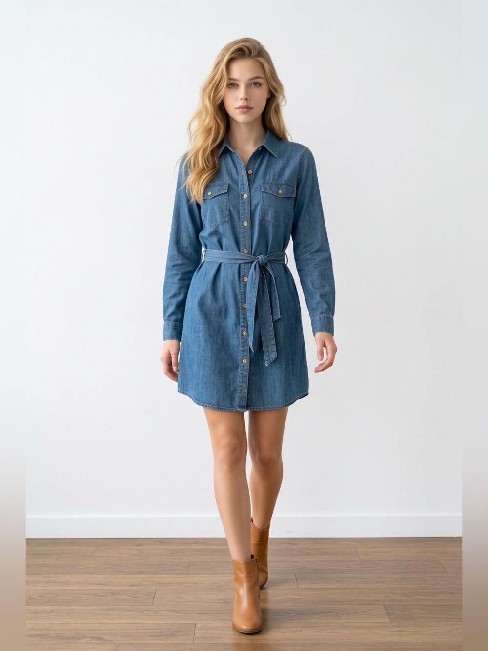 JustFab Chambray Shirt Dress in Blue S - Picture 2 of 10